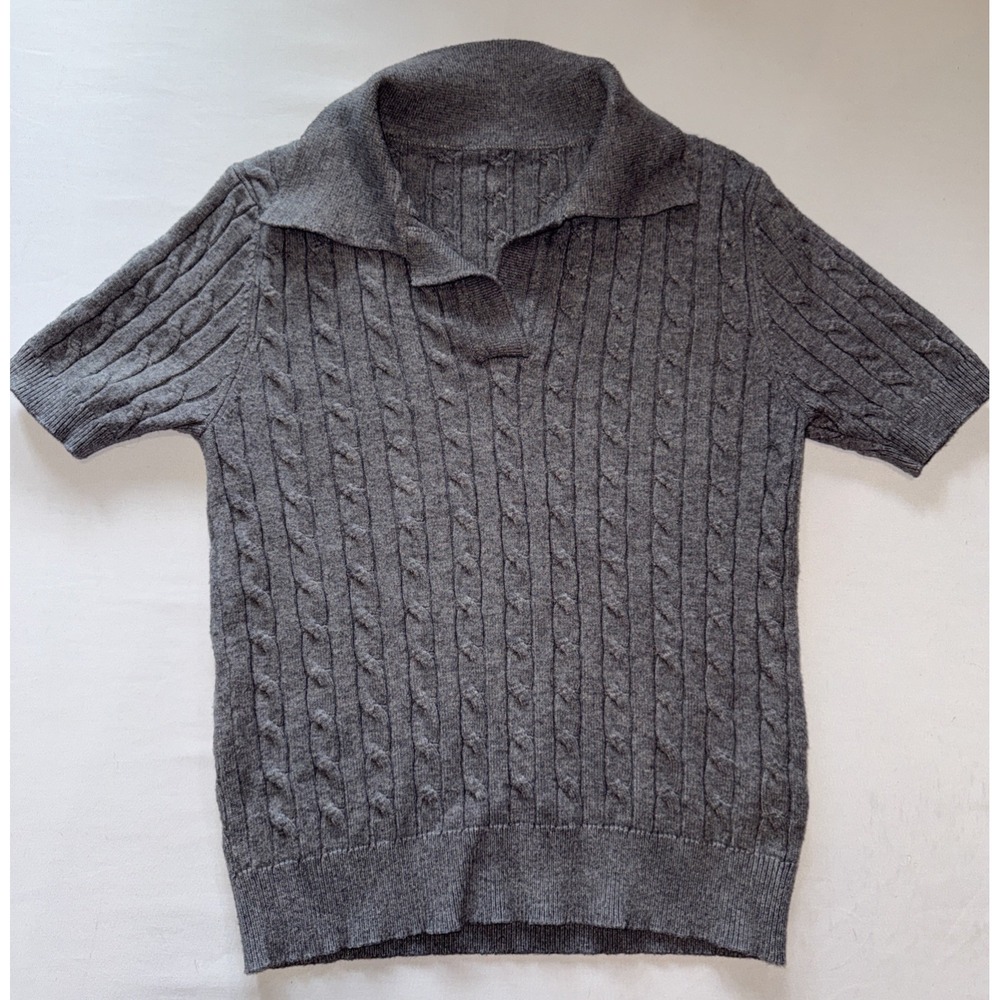 Zara Cable Knit Polo Sweater Small S Dark Grey Short Sleeve Collared Top V Neck